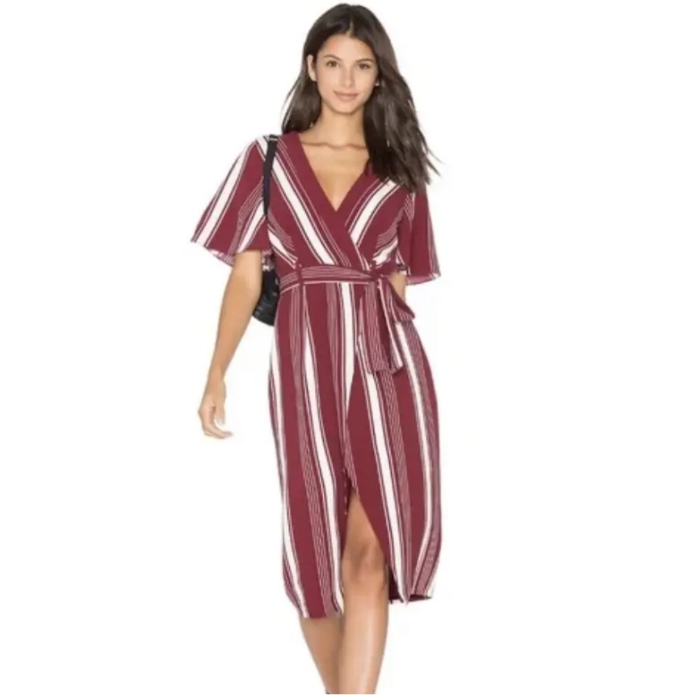 LOVERS + FRIENDS Burgundy Striped Midi Flutter Short Sleeve Wrap Dress Size M